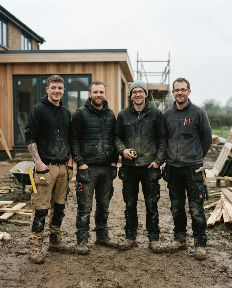 Four UK contractors on site outside a timber-clad new build