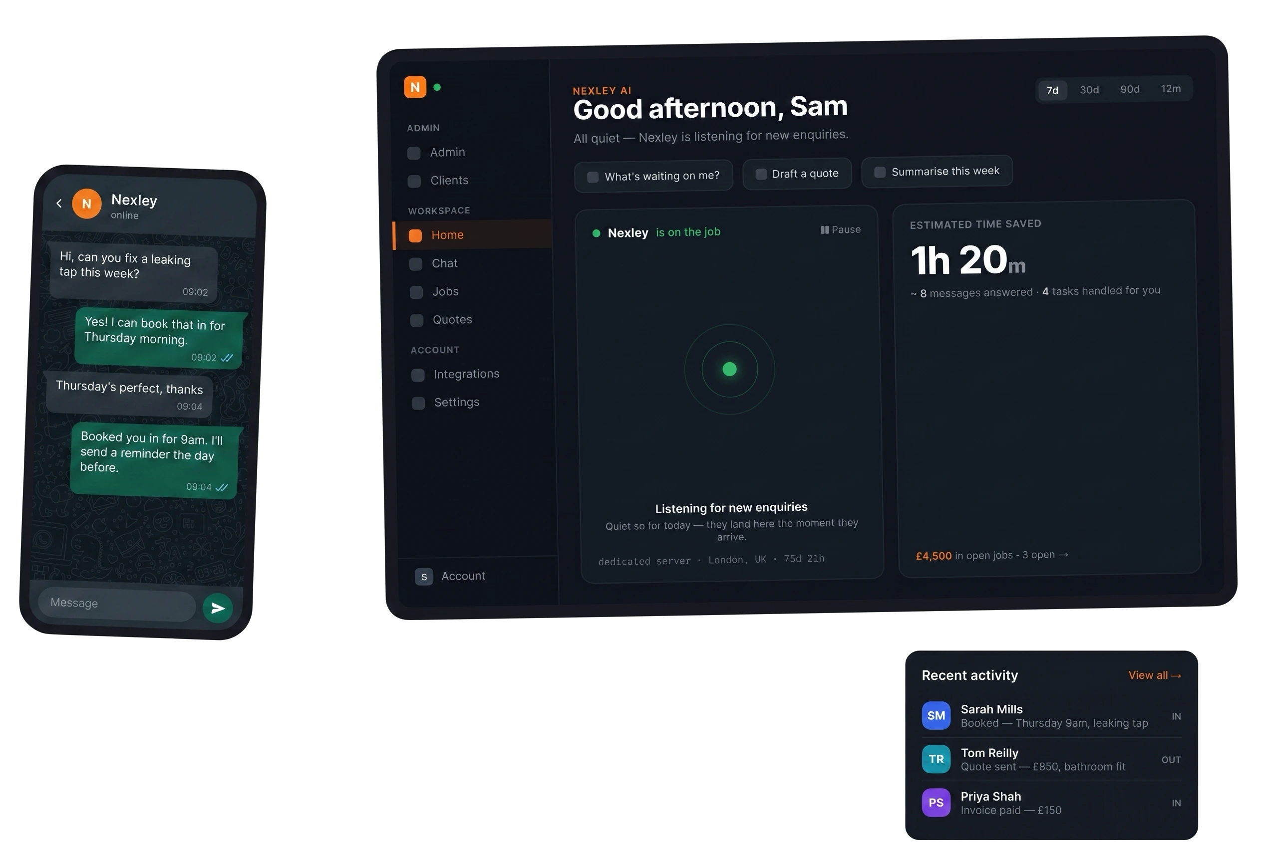 The Nexley dashboard on a tablet, a phone showing a customer job, and an invoices summary
